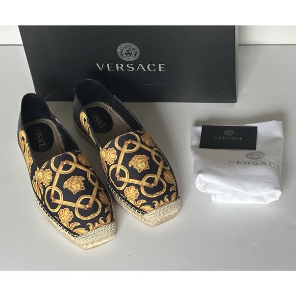 VERSACE Barocco Print Gold/Black Canvas Espadrilles 11.5 US 1014774 NIB $700 - Picture 13 of 16
